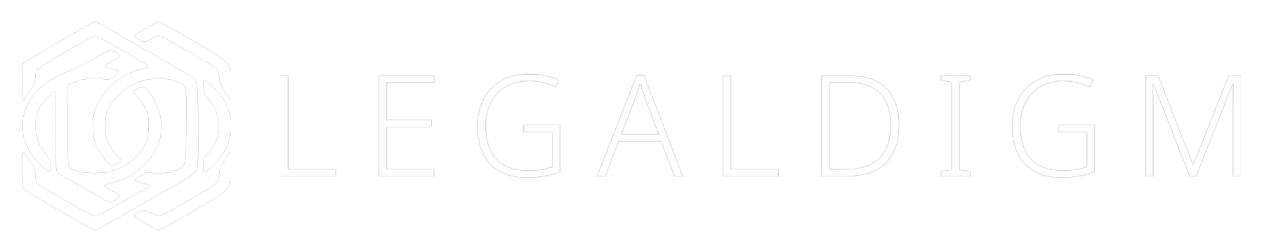 LEGALDIGM kombinationsmärke i vitt – symbol och ordbild tillsammans på mörk bakgrund.