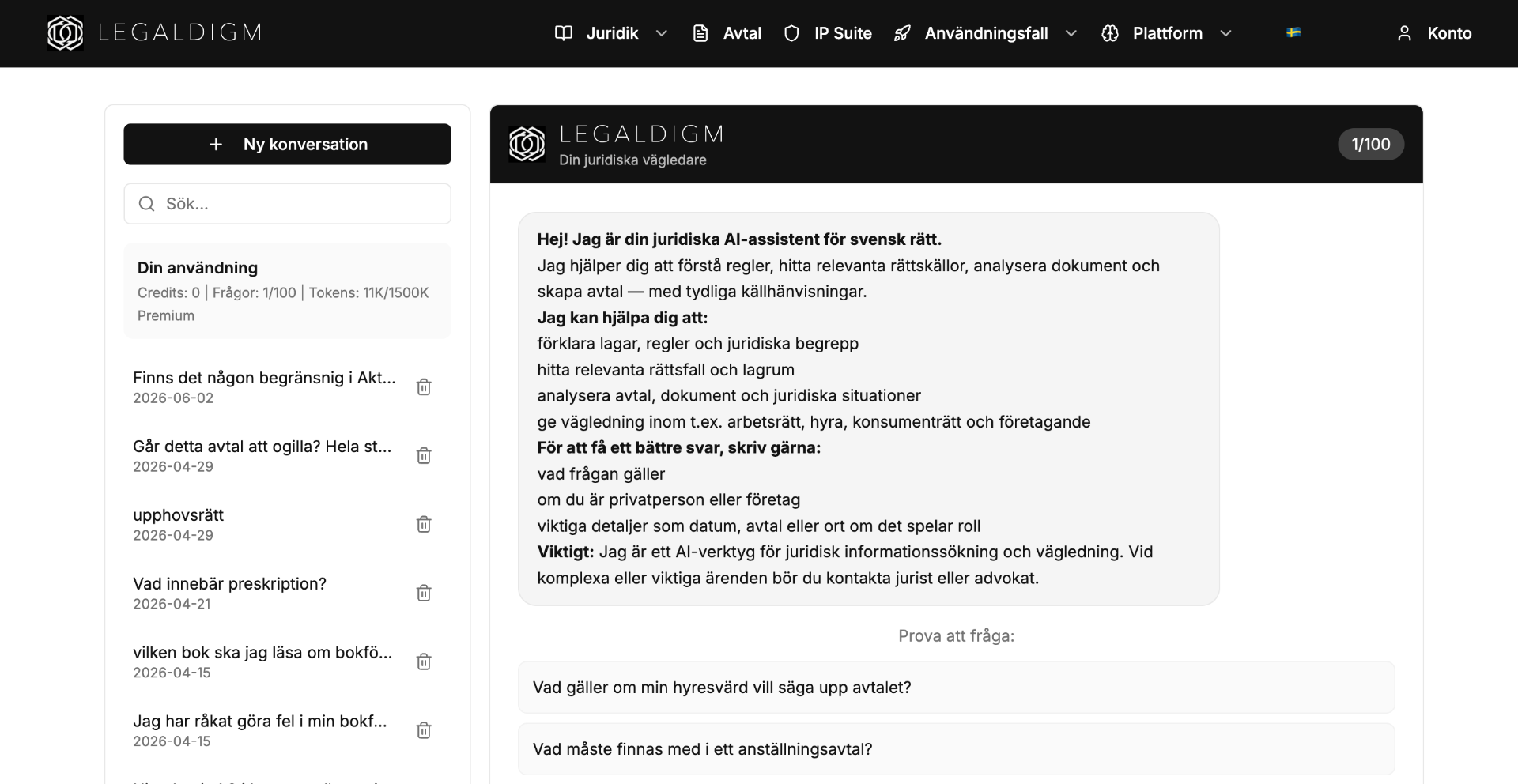 LEGALDIGM AI legal assistant answering a legal question with citations